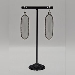 Silver White Stone Dangle Earrings | Long Oval Drop Earrings | Boho Chic Minimal
